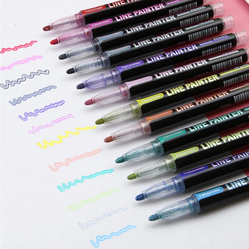 Set of 12 double line outline pens with metal bodies in assorted colours
