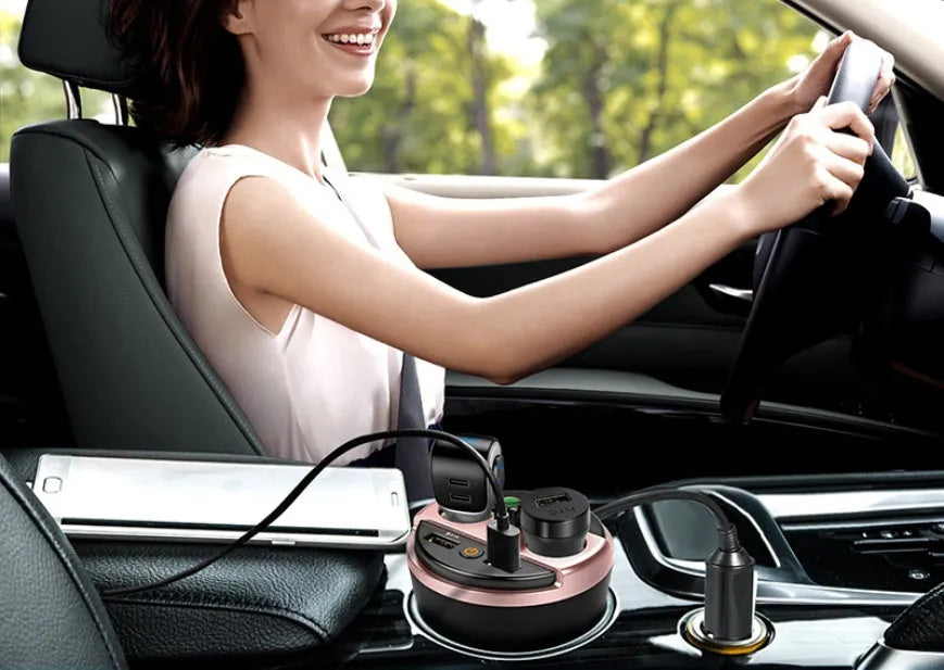 Black car cup Bluetooth MP3 player FM transmitter with dual USB ports and hands-free calling button