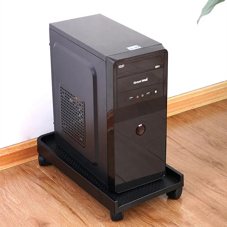 Orico black CPU floor stand with wheels on wooden floor, holding a PC tower vertically