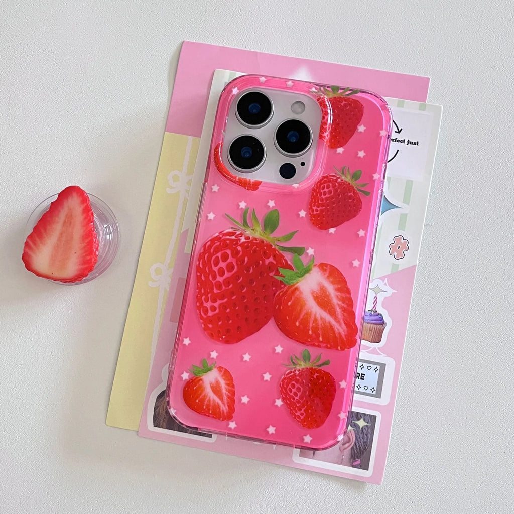 Pink strawberry silicone iPhone case with frosted double-layer finish and cartoon design, shown for iPhone models.