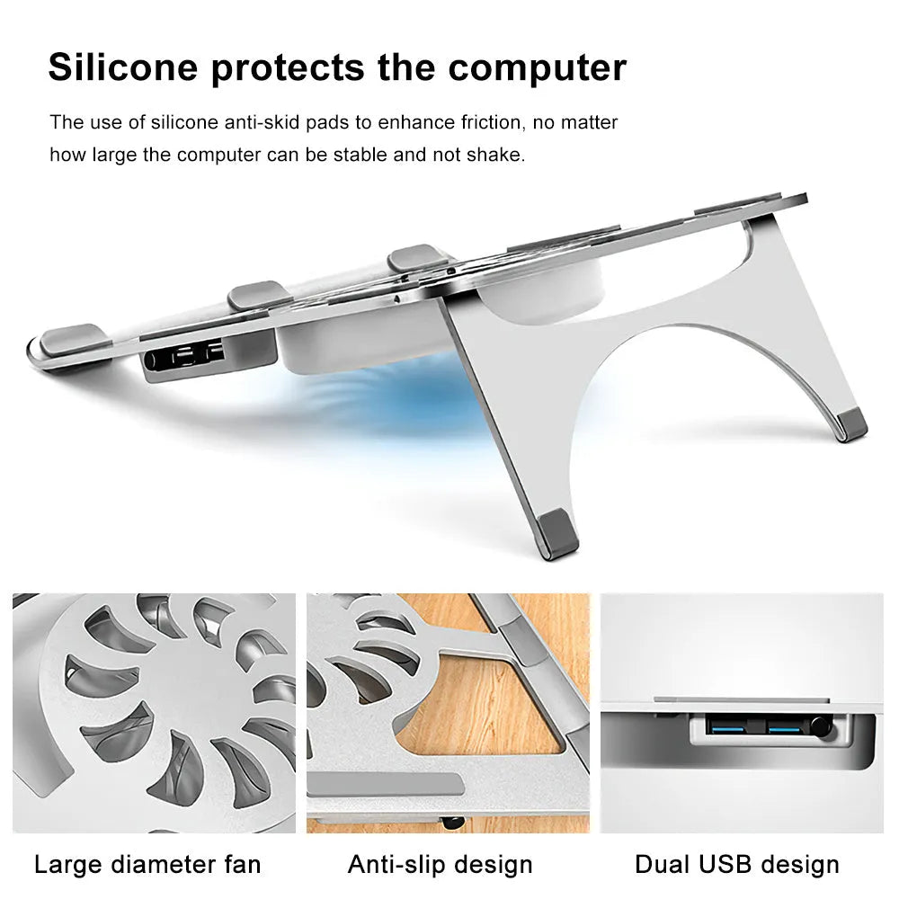 M9 silver aluminum alloy folding laptop cooling stand with foam and box packaging