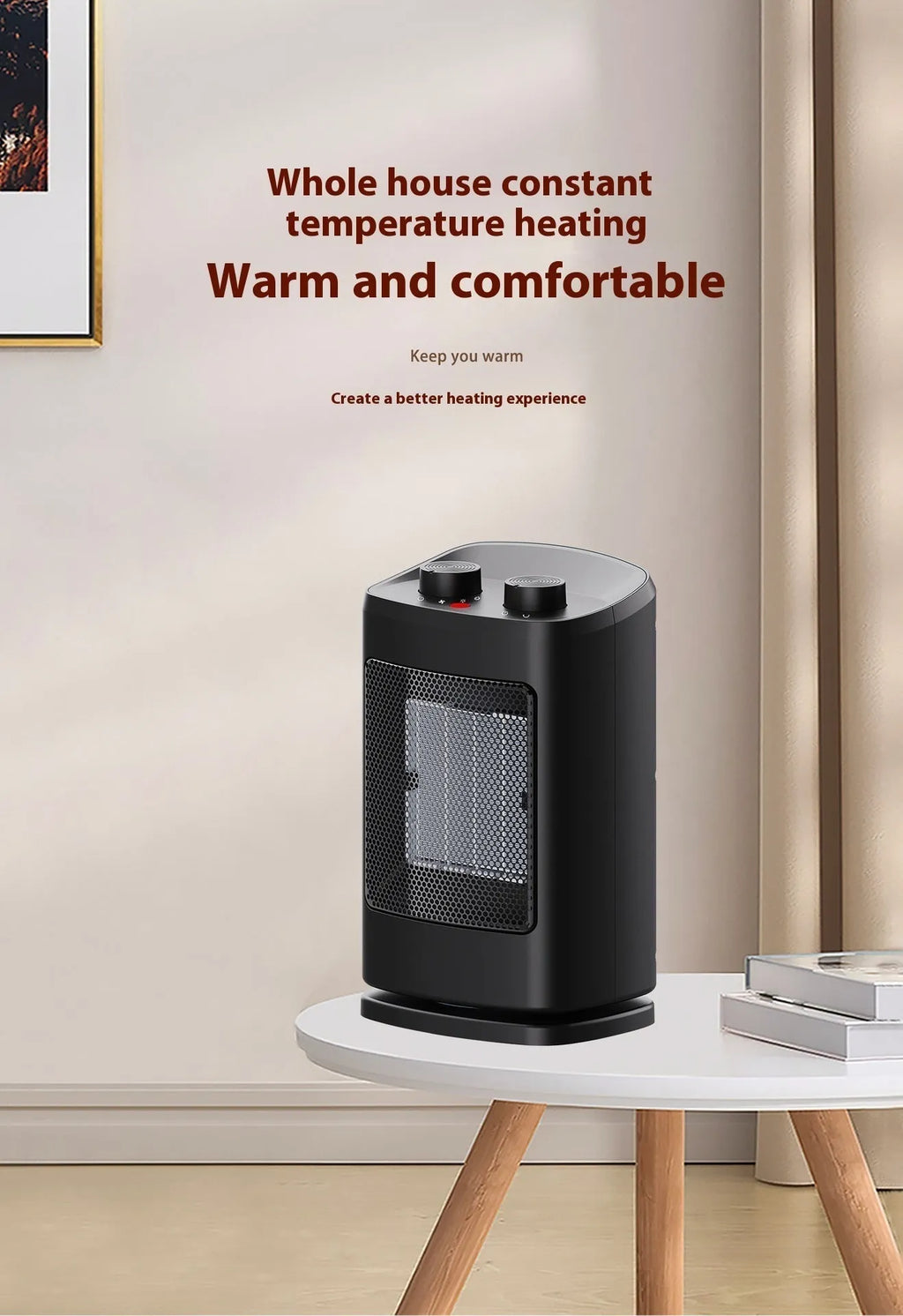 Black desktop PTC ceramic electric heater, 16.2 x 12.8 x 26.8 cm, 1000W-1500W, three fan speeds