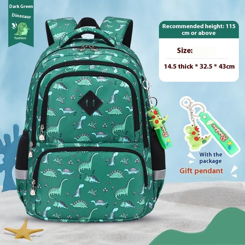 Blue children's school backpack made from Oxford cloth with curved straps, shown in a dinosaur pattern design.