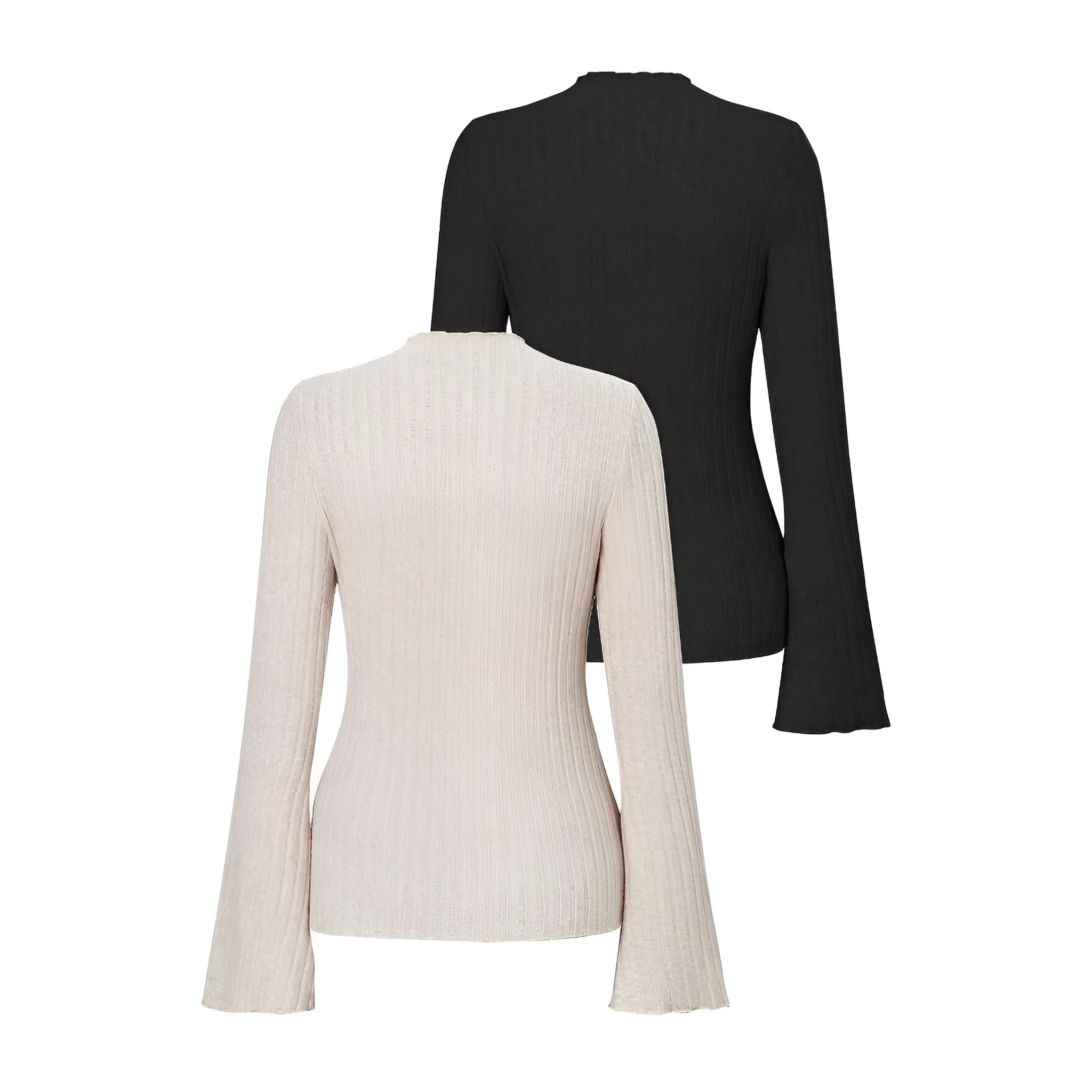 Long sleeve casual top in black with lantern sleeves and a sunken stripe pattern, laid flat.