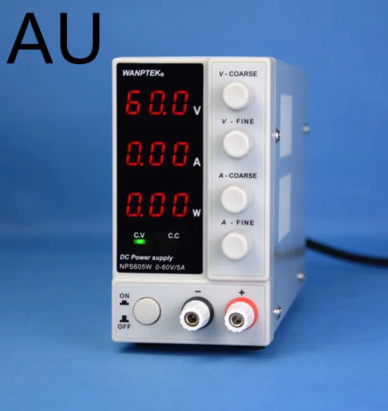 White adjustable DC power supply unit with digital display for electronics repair.
