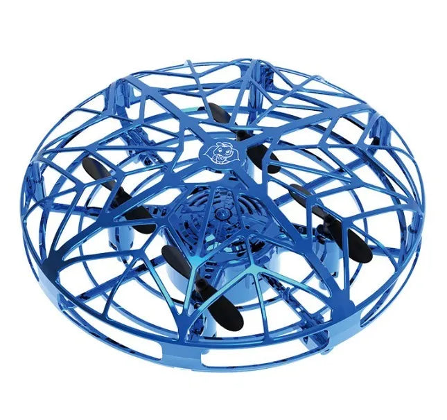 Flying Helicopter Mini Drone UFO RC Drone with infrared sensors and blue flexible guardrail on white background