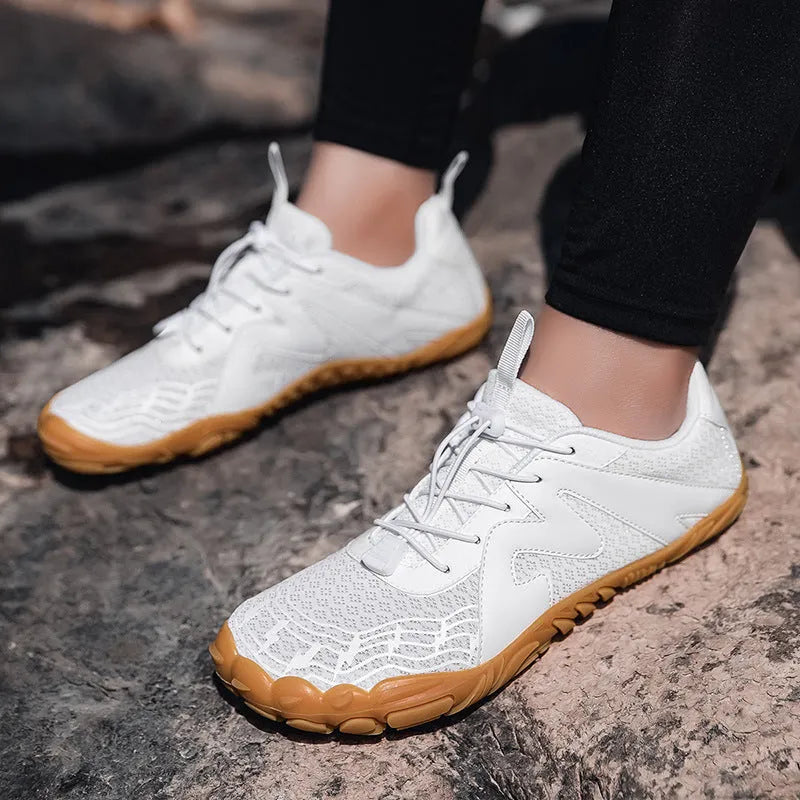A pair of sports climbing shoes with a breathable Flyknit lining and rubber outsole.