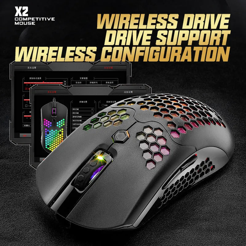 Free Wolf X2 wireless RGB gaming mouse in black on a mouse pad, showing side buttons and USB-C port.