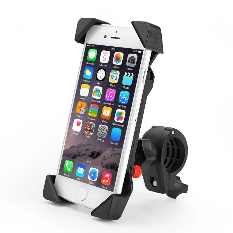 Black ABS motorcycle phone holder CD-169 mounted on a handlebar, showing USB charging port and adjustable phone clamp.