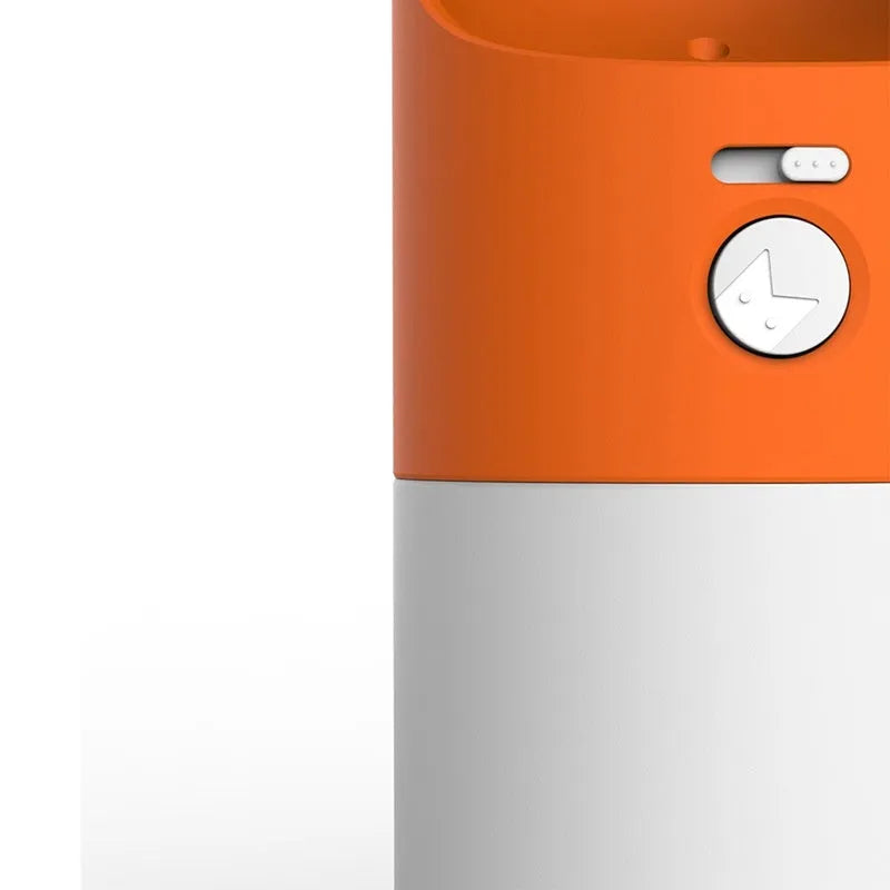 Moestar rocket-shaped pet drinking cup in white with grey accents showing water outlet and lock button