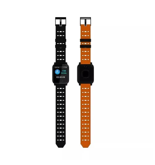 A6 smart bracelet with colour screen and silicone strap shown in blue, black, and orange colours.