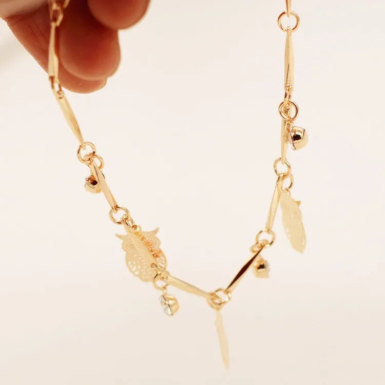 Gold alloy owl tassel bracelet with 20cm chain and 5cm extension, ethnic style jewellery