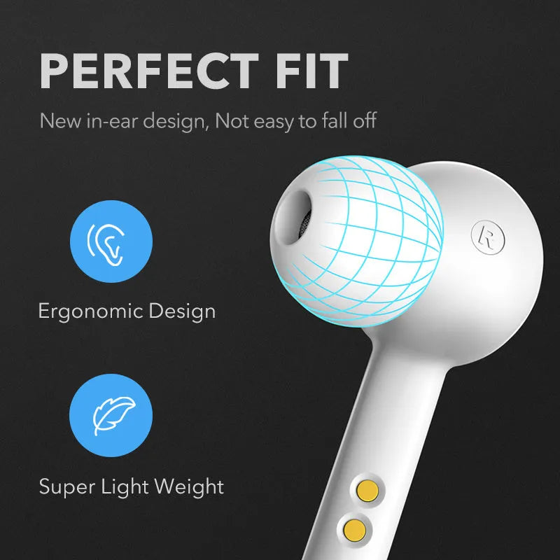 Black and white true wireless stereo earbuds with charging case, featuring Bluetooth 5.0 and IPX5 waterproof rating.