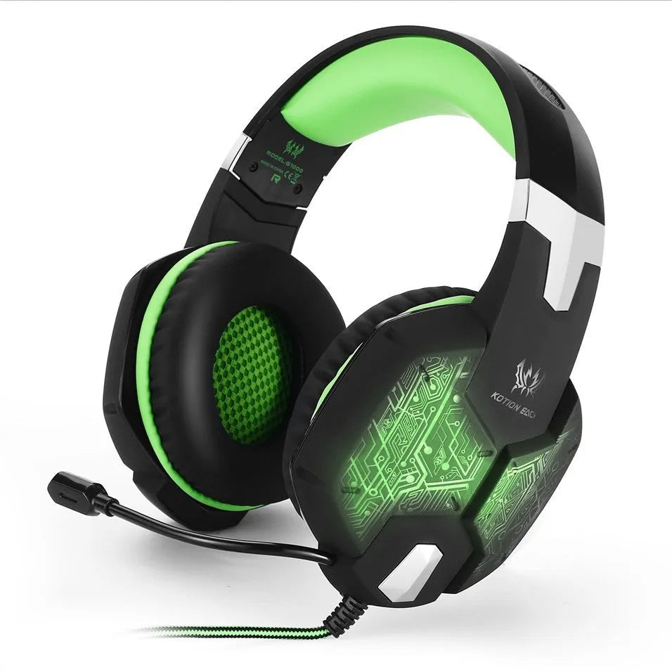 G1000 gaming headset with microphone, over-ear wired design with 3.5mm and USB connection, available in multiple colours.