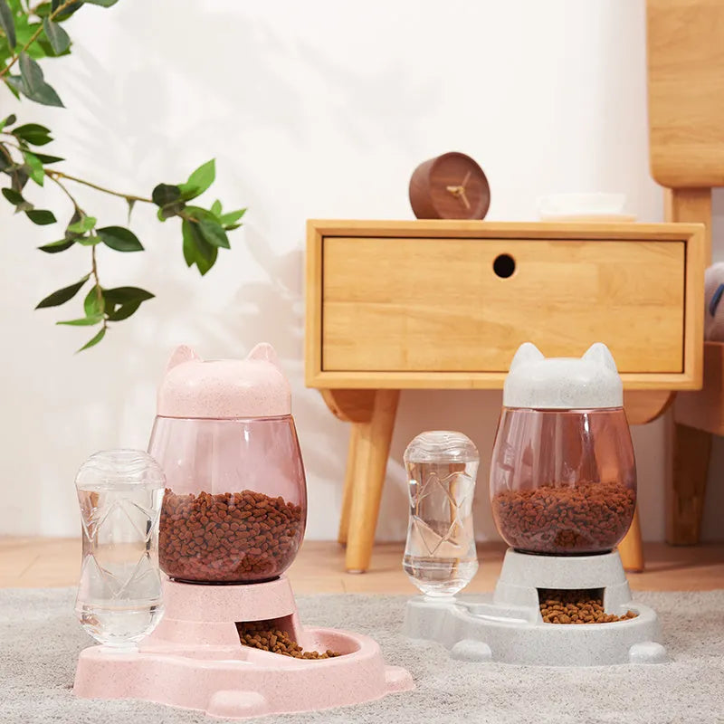 Automatic pet feeder and drinking fountain, 26 x 21 x 30cm, with 2.2L bucket and 528ml bottle in grey, pink, or blue