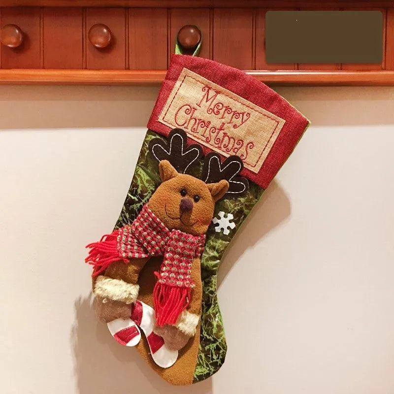 Cloth Christmas stocking with 3D applique design, sturdy hanging loop, and mixed colours for holiday decoration