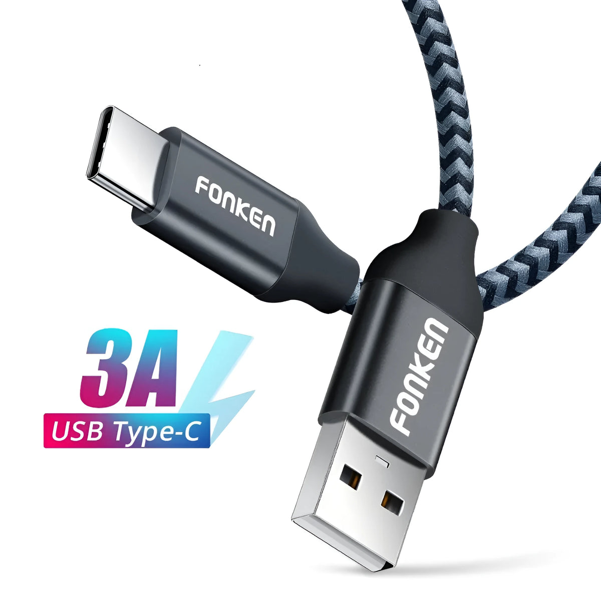 Fonken fast charging cable with pure oxygen-free copper core, woven exterior, black or white, 0.35m to 3m.
