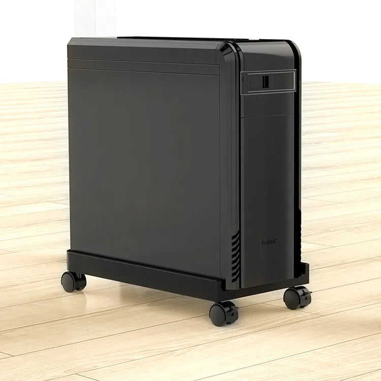 Orico black CPU floor stand with wheels on wooden floor, holding a PC tower vertically