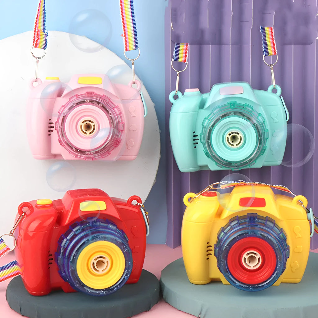 Yellow camera-shaped automatic bubble blowing machine with flashing lights