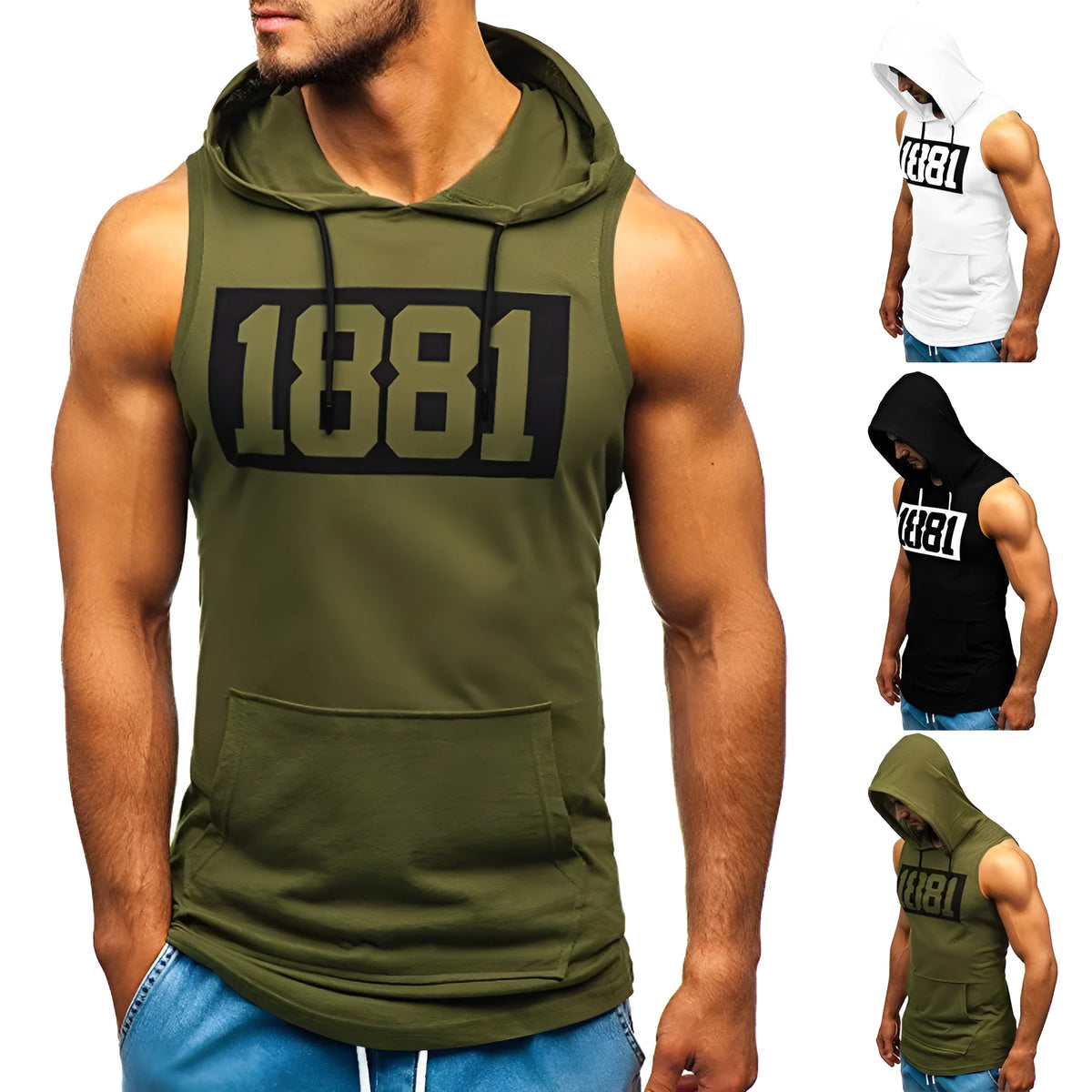 Men's sleeveless letter print hoodie vest in white, black or army green, with patch pocket and round hem.