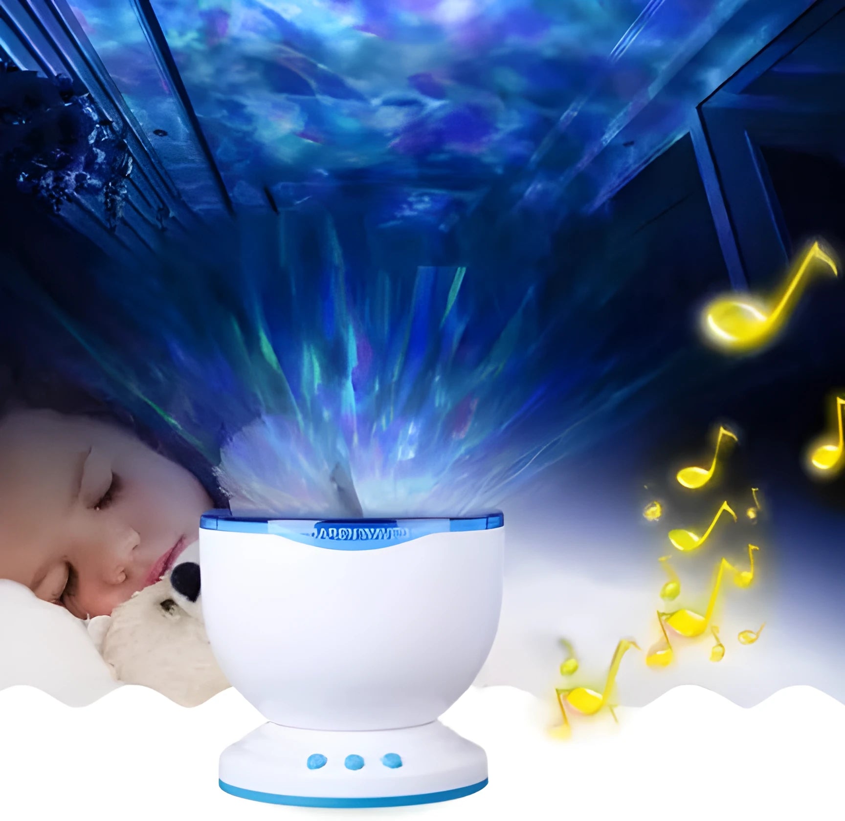 Blue ceiling-mounted ocean projection lamp showing a 2D vertical movie effect on a wall.