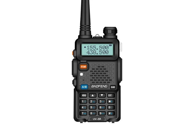 Baofeng UV5R black portable dual band walkie talkie with antenna, battery, charger, earpiece and clip