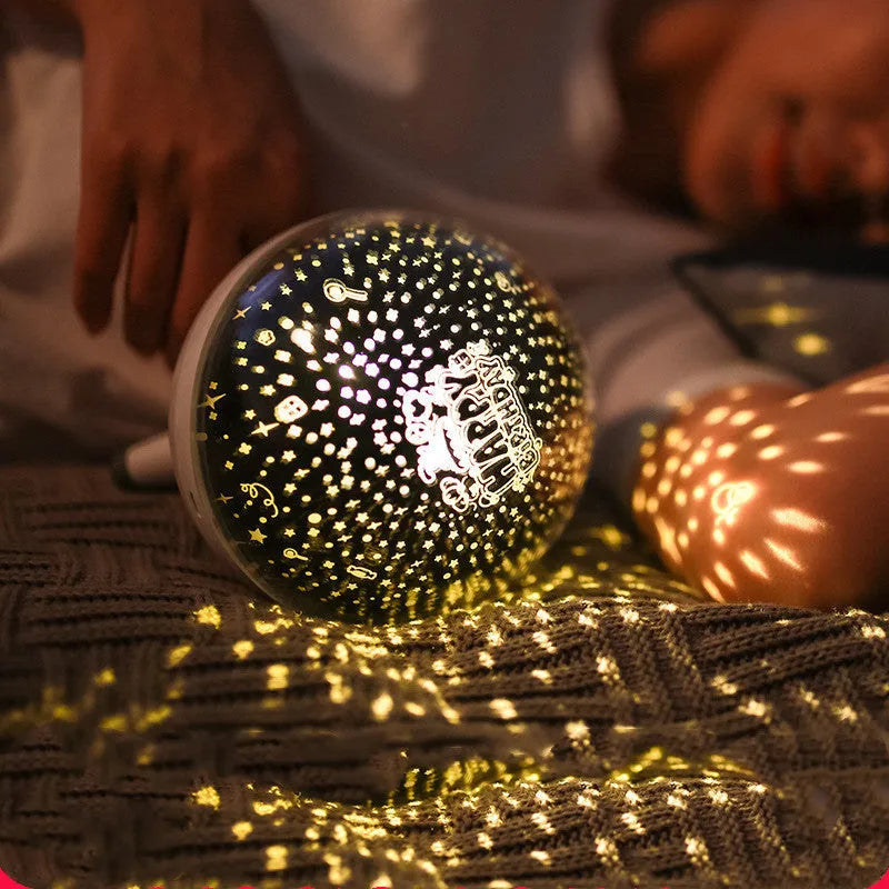Black and white rotating starlight projection lamp measuring 15cm with battery power and cartoon design