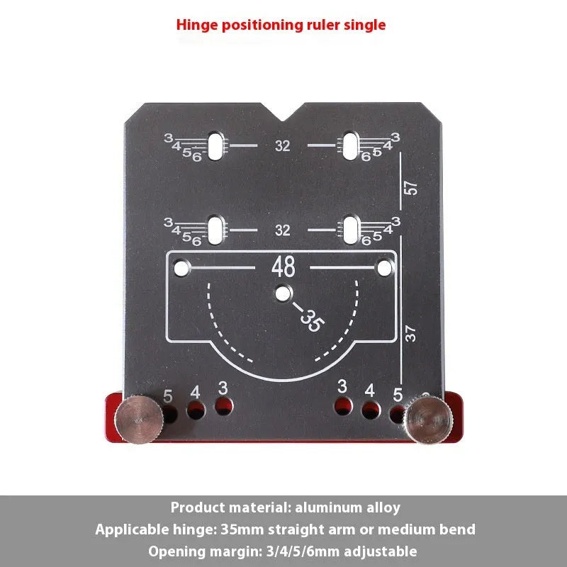 Red aluminium alloy hinge locating rule tool for 35mm cabinet hinges with adjustable margin settings