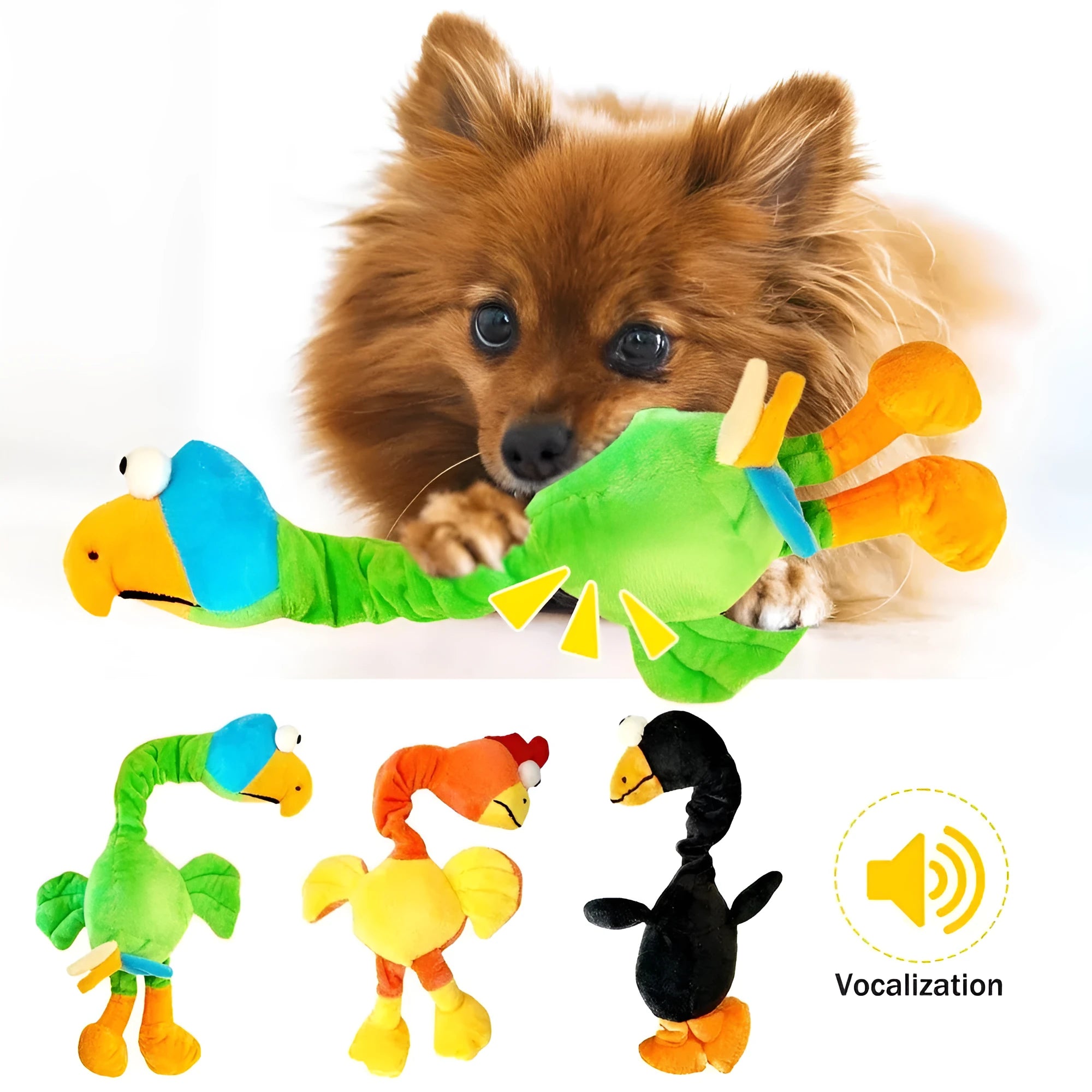 Latex rubber screaming chicken dog toy with squeaker in choice of black, green or orange.
