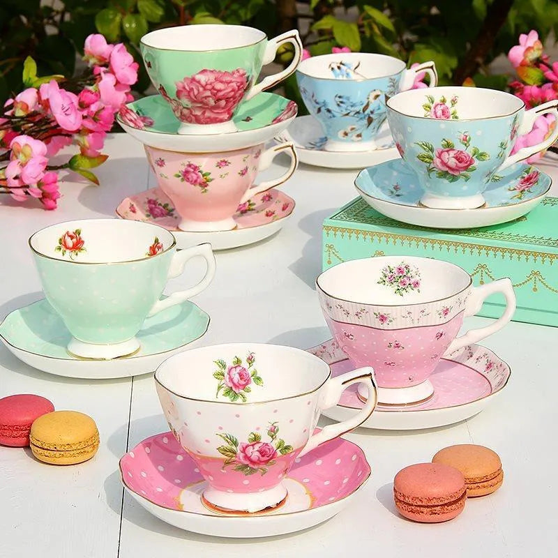European porcelain coffee cup and saucer set with pastoral style pattern in assorted colours