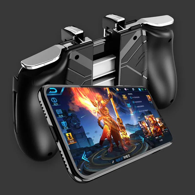 Mobile game controller handle with telescopic arms clipped to smartphone
