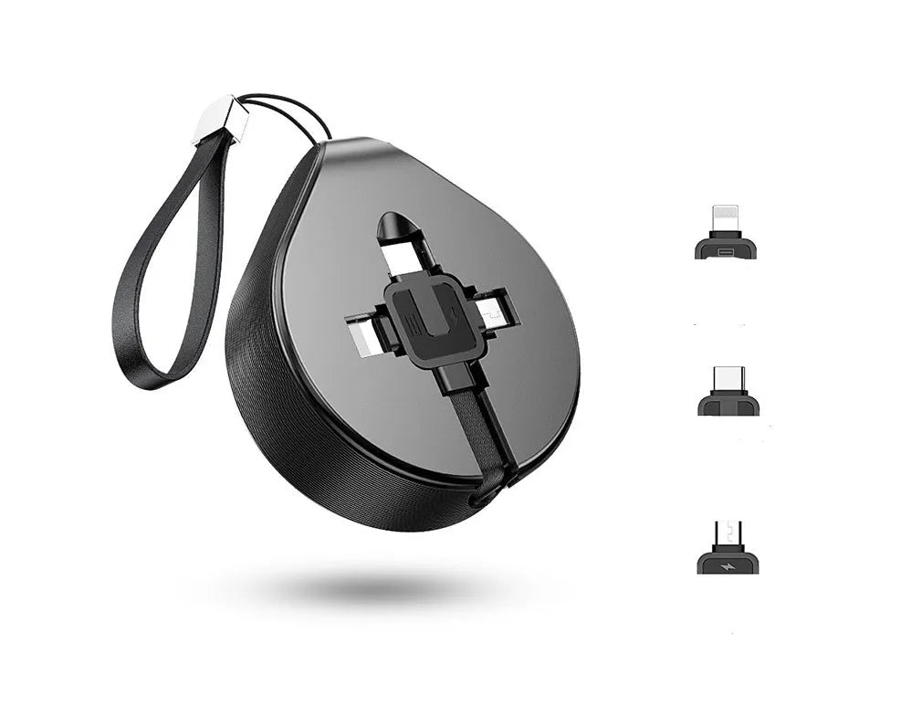 Telescopic USB charging cable with three-in-one split connector showing Lightning, USB-C and Micro-USB ports