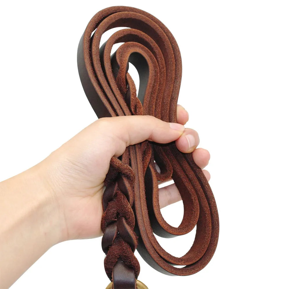 Leather dog lead training rope for large dogs and Golden Retrievers in dark brown, black or brown, 1.2cm to 1.8cm wide, 120cm to 270cm long