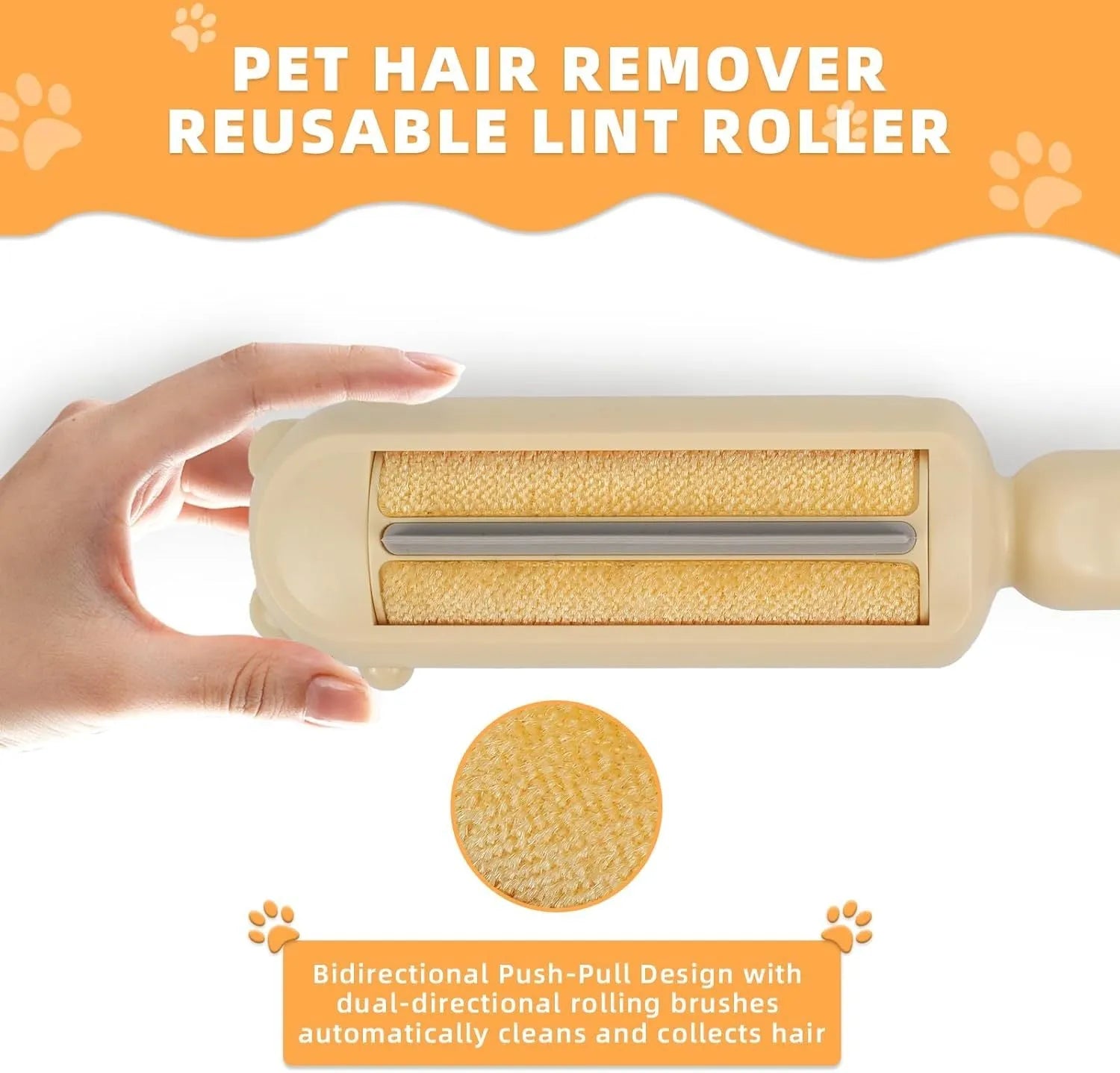 Blue reusable pet hair removal roller with self-cleaning base on a sofa
