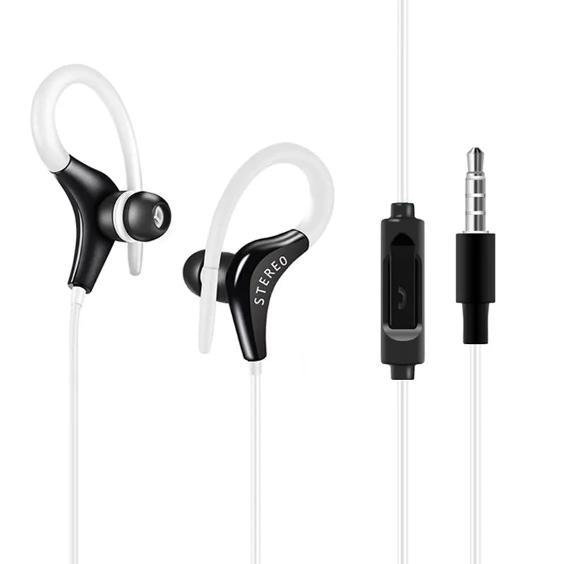 Black wired earhook sport headphones with over-ear hooks and a 3.5mm plug.