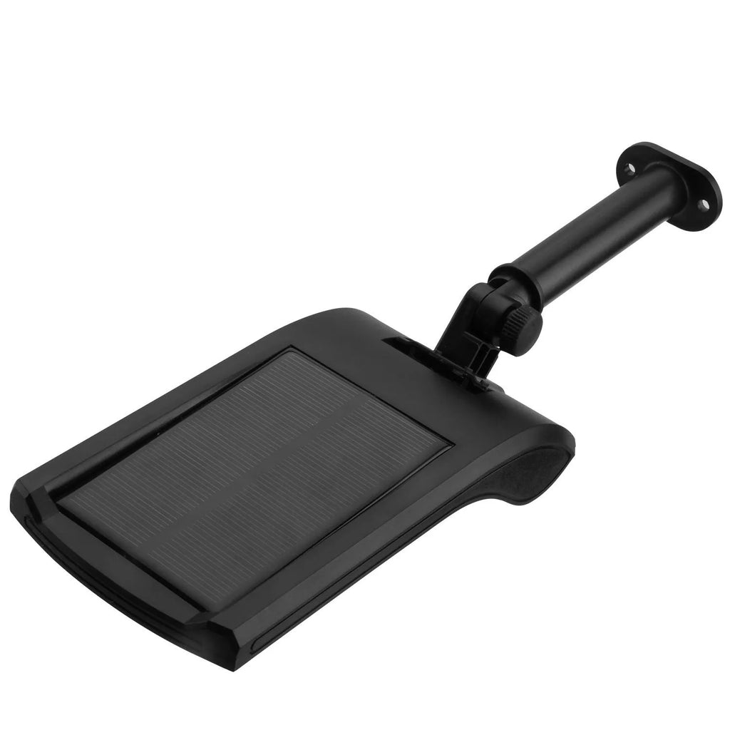 Black solar-powered wall light with diamond-patterned housing and a rotatable mounting pole.
