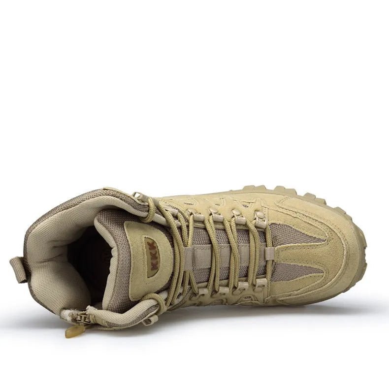 Men's black US Army Delta tactical boots with leather and velvet uppers on an outdoor trail.