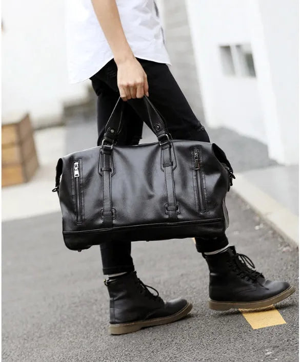 Large-capacity black PU leather handbag with shoulder strap and notebook compartment