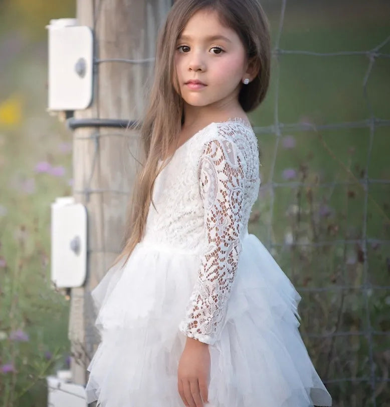 Children's white hollow lace long-sleeved princess dress cotton blend for autumn and winter