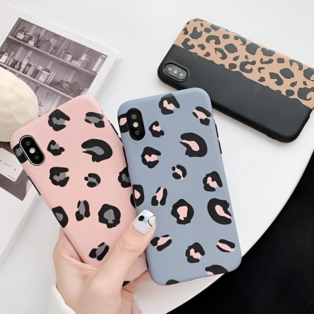 Leopard print pattern protective back cover case for iPhone, shown in black, blue, and pink colour options.