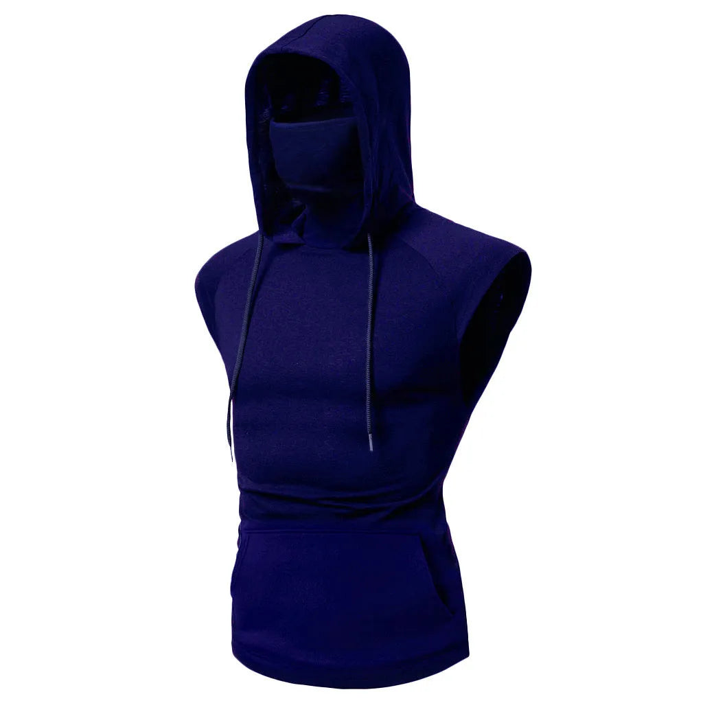 Mens cotton blend punk colour block sports vest hooded with three-dimensional patch pockets in black available in sizes L to 3XL