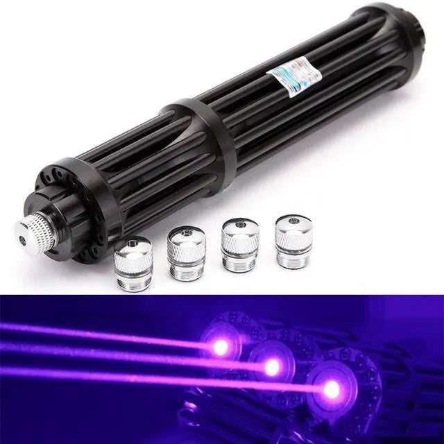 Black anodised aluminium laser flashlight with blue indicator and tail switch, shown next to an 18650 battery for scale.