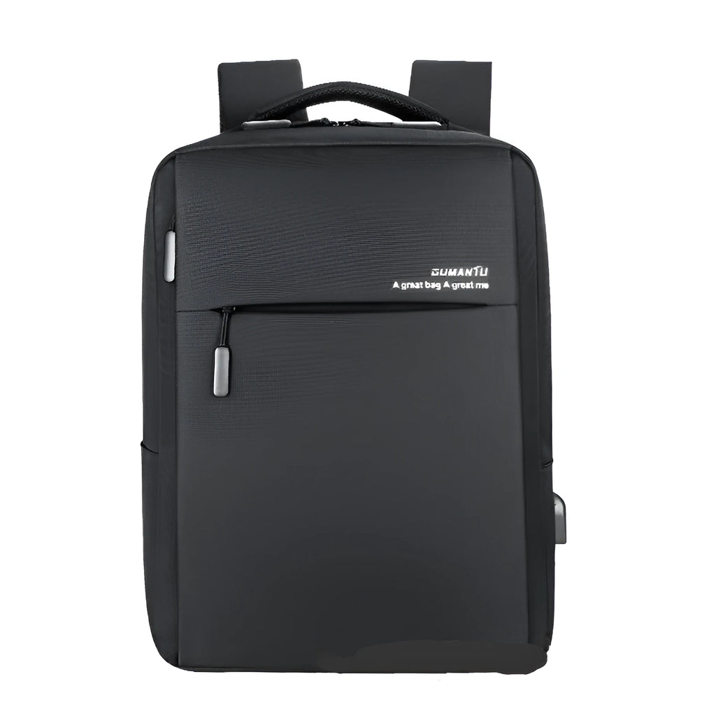 Medium business backpack in black or grey cotton cloth with 20-35L capacity, zipper opening, and multiple internal pockets.