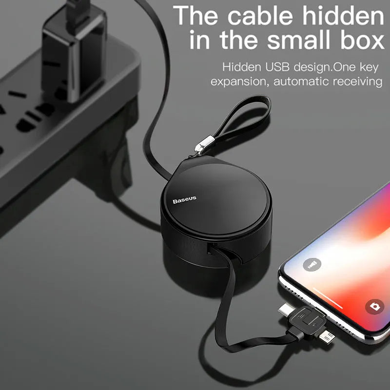 Telescopic USB charging cable with three-in-one split connector showing Lightning, USB-C and Micro-USB ports