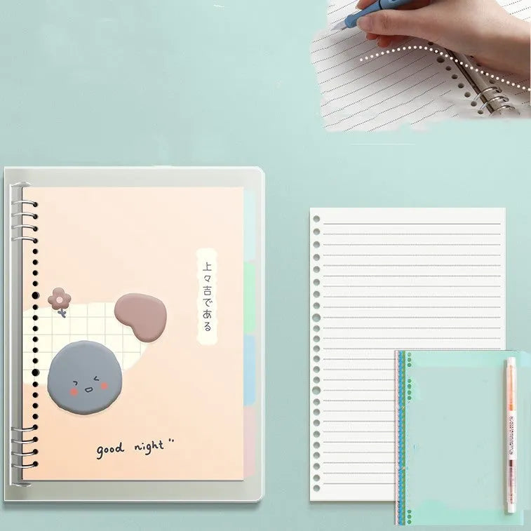 B5 hardcover notebook with lucky cat design showing binder binding for detachable pages