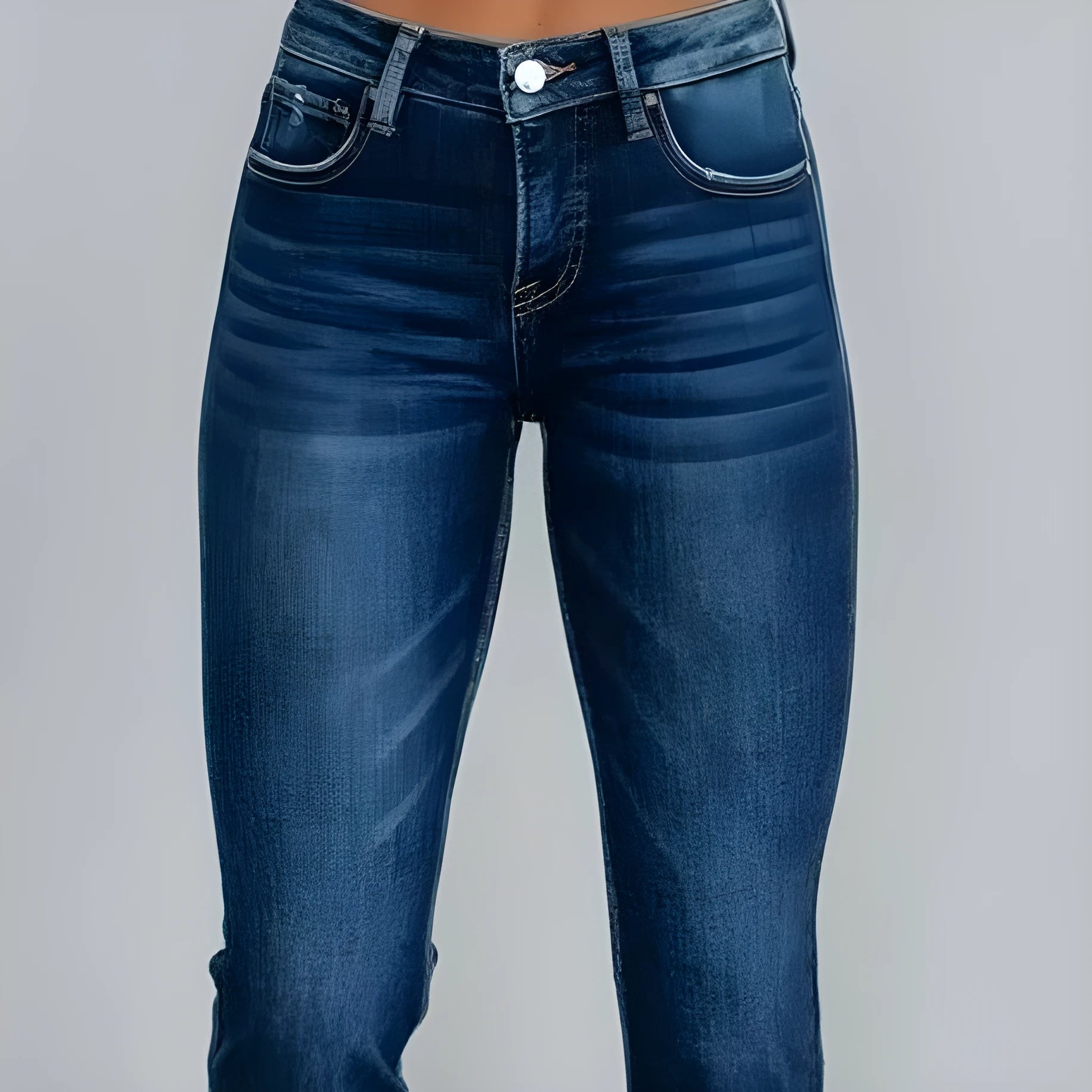 Women's solid colour denim pants with a hand-worn finish in dark blue and light blue.