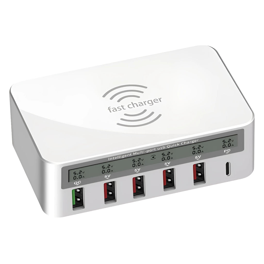 White six-port desktop USB charging station with 5 USB-A and 1 USB-C ports showing QC3.0 fast charge label