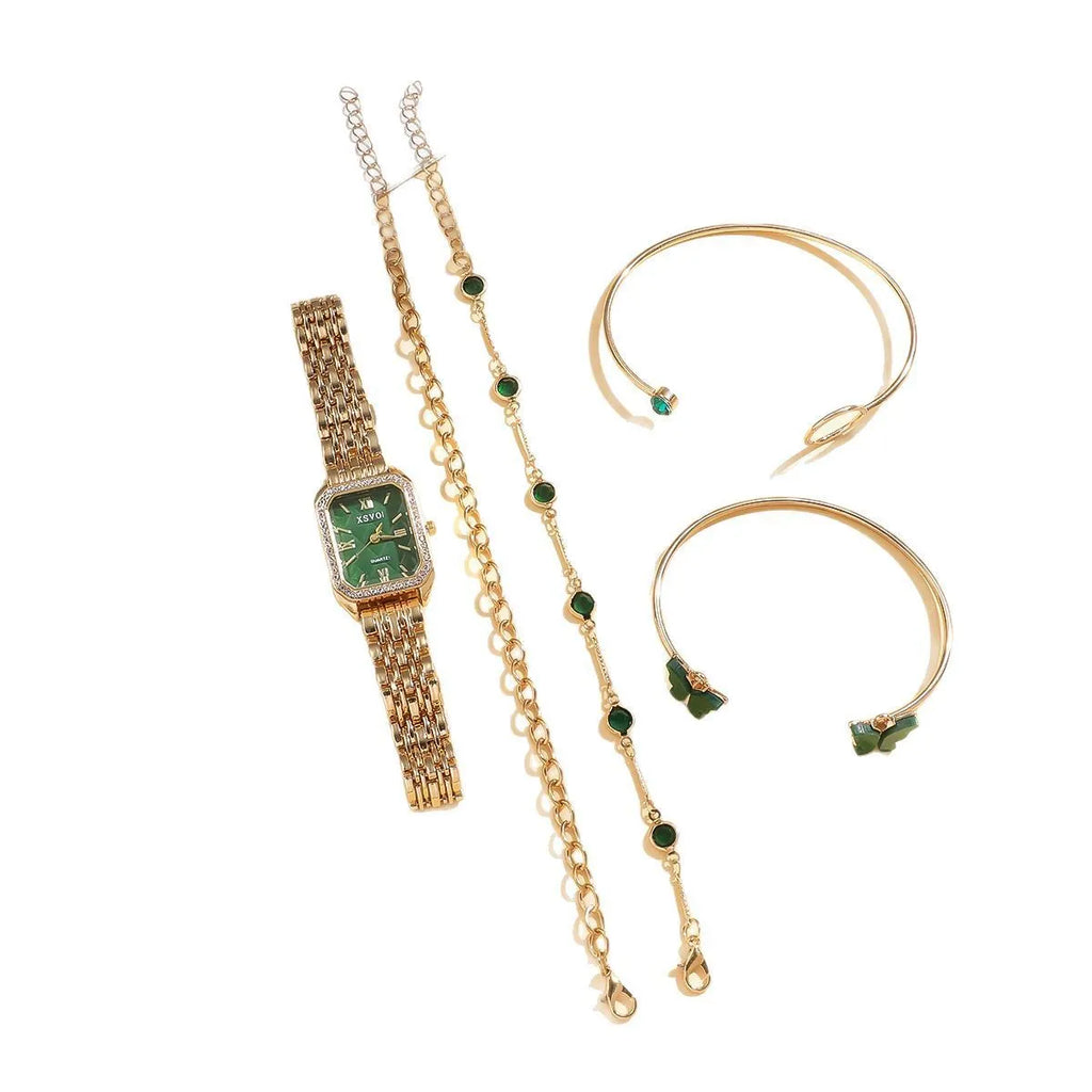 Gold green women's square watch with four matching bracelets showing 25mm dial and alloy construction