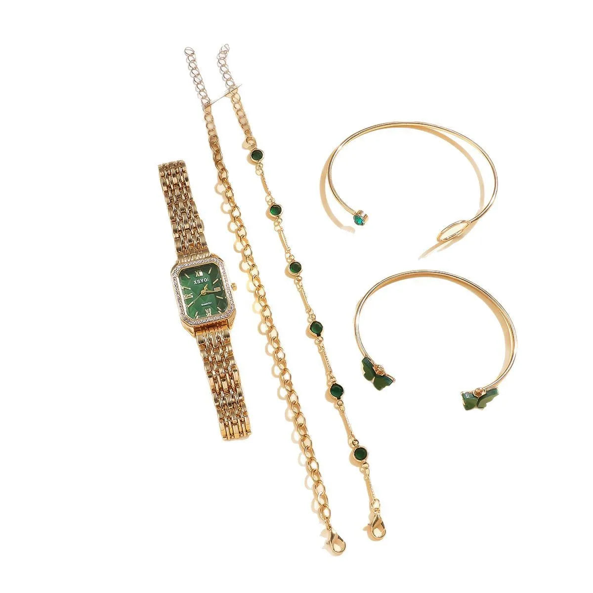Gold green women's square watch with four matching bracelets showing 25mm dial and alloy construction