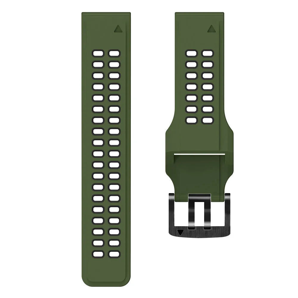Quick release two-colour silicone sports watch strap with double-row ventilation holes on a grey background.